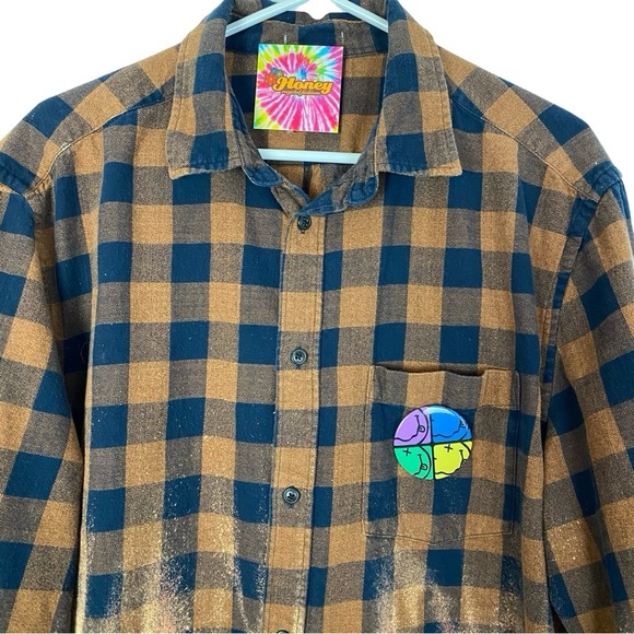 Nirvana Band Flannel Shirt Mens Unisex XL Shacket Buffalo Plaid Upcycled Brown - Picture 3 of 10